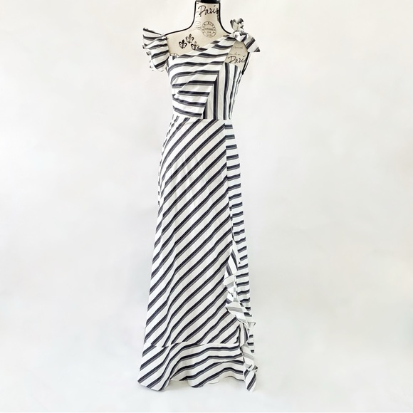 Dresses & Skirts - NWT One Shoulder Tie Design Striped Ruffle Leg Slit Maxi Dress Black and White 2